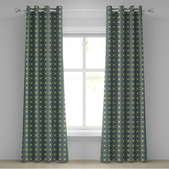 Ambesonne Antique Grommet Curtain, Renaissance Tile Art, 50" x 84", Pale Yellow Dark Blue