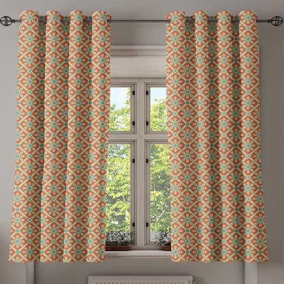 Ambesonne Antique Grommet Curtain, Swirled Petals, 50" x 54", Orange Reseda Green