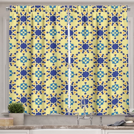 Ambesonne Antique Kitchen Curtains, Moroccan Motif Folk, 55"x39", Violet Blue Yellow