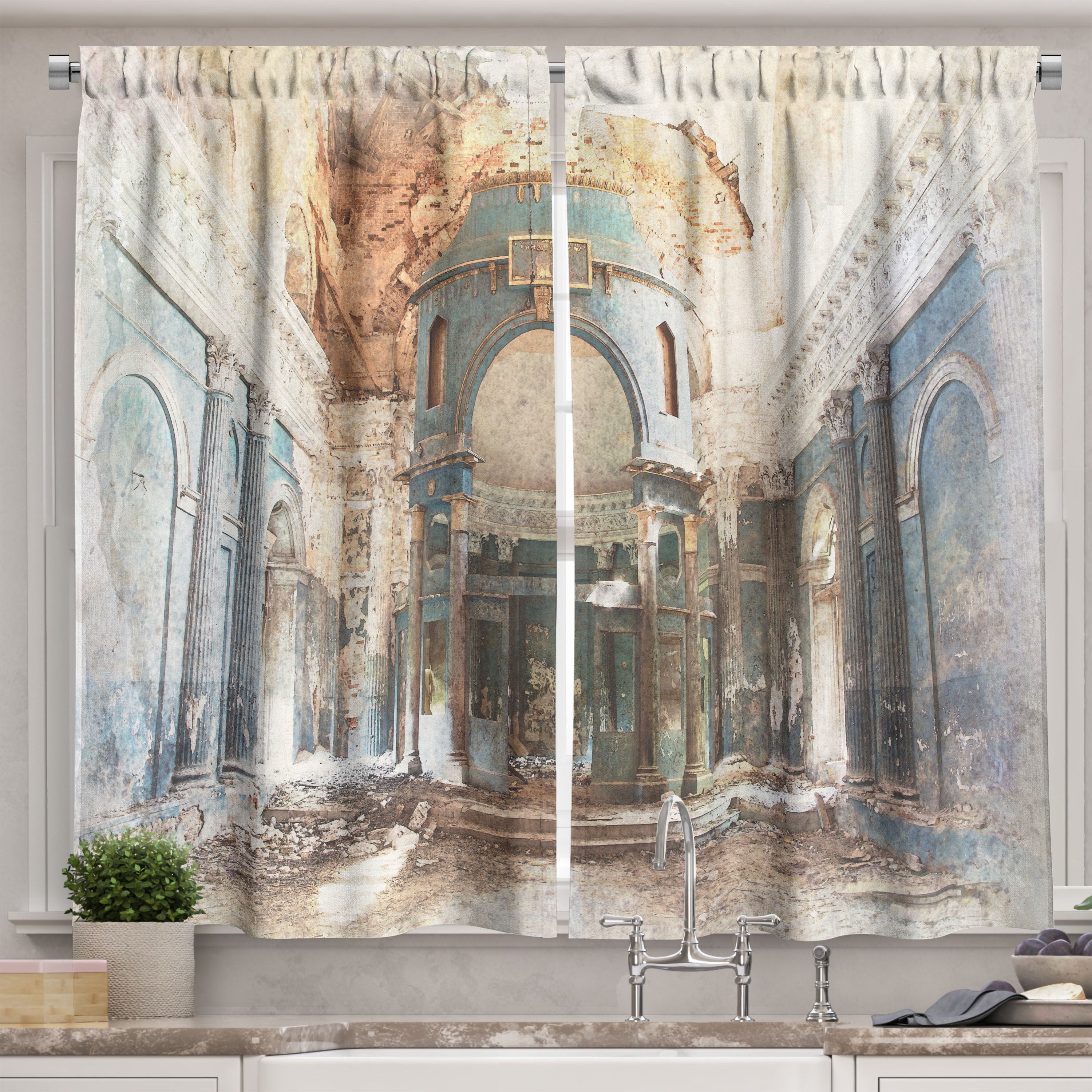 Ambesonne Antique Kitchen Curtains, Old Vintage, 55"x39", Petrol Blue ...