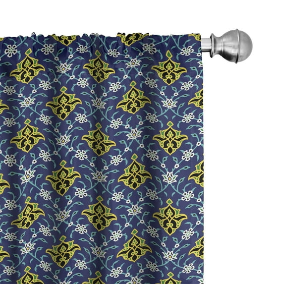Ambesonne Antique Oriental Window Curtains, Folk Dark Motifs, Each 28" W x 95" L, Yellow Deep Sky Blue