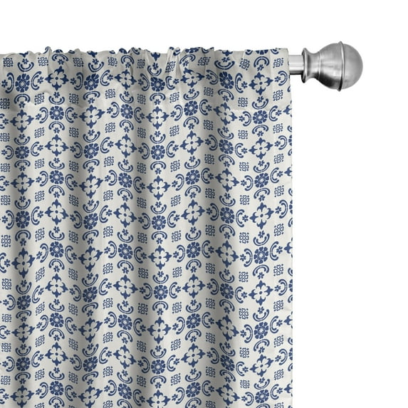 Ambesonne Antique Oriental 4-Panel Curtains, Folkloric Blue Art, 56"x84", Dark Blue and Off White