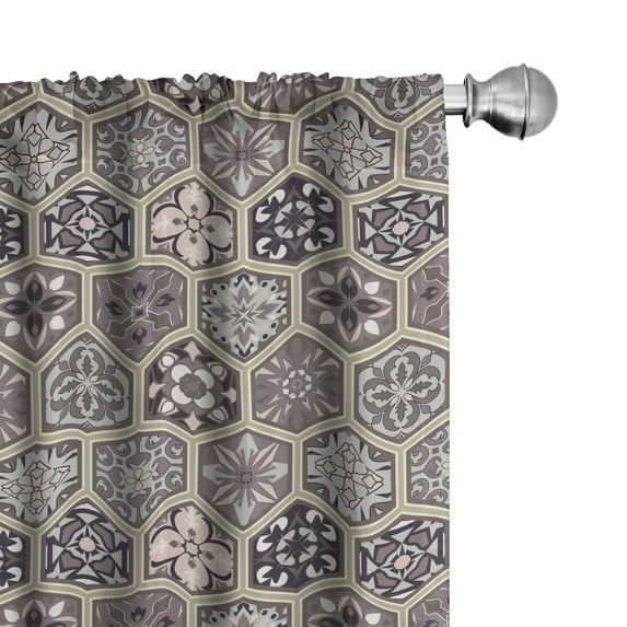 Ambesonne Antique Oriental Window Curtains, Honeycomb Flowers, Each 28" W x 84" L, Pale Tan Dark Taupe Grey