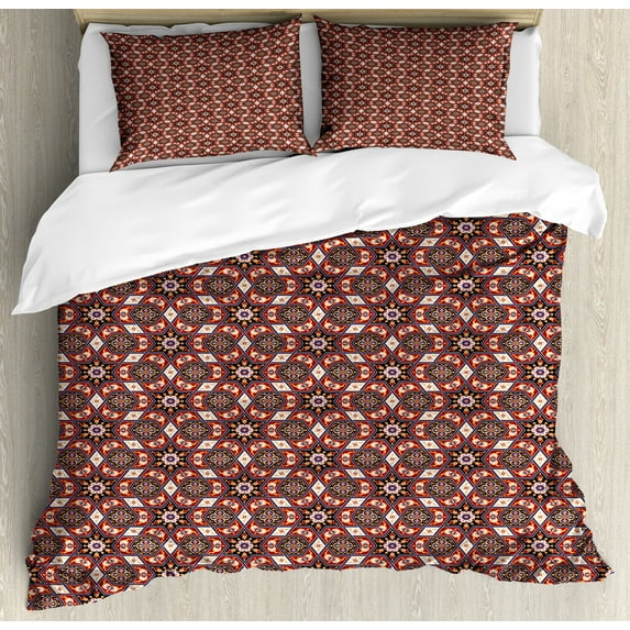 Ambesonne Antique Oriental Duvet Cover Set, Ethnic Art Flowers, Calking, Ruby Dark Blue