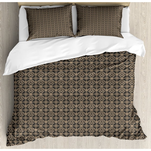 Ambesonne Antique Oriental Duvet Cover Sets, Circle Floral Art, 2-Queen, Tan and Dark Sepia