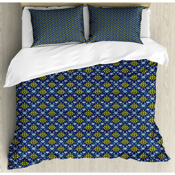 Ambesonne Antique Oriental Duvet Cover Sets, Folk Dark Motifs, 2-King, Yellow Deep Sky Blue