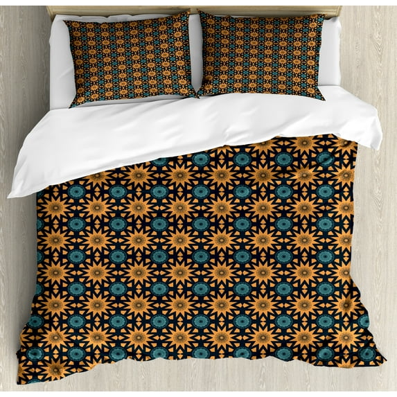 Ambesonne Antique Oriental Duvet Cover Sets, Sun Inspired Art, 2-King, Apricot Dark Blue
