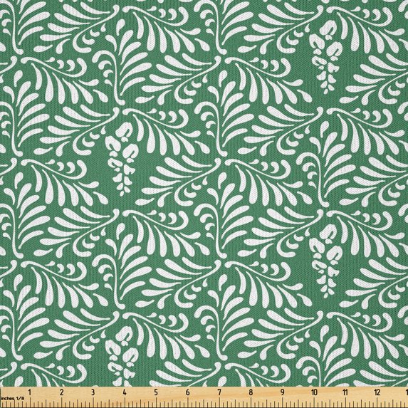 Ambesonne Antique Oriental Fabric by the Yard Microfiber, Eastern Leaves, 5 Yards, Jade Green and White