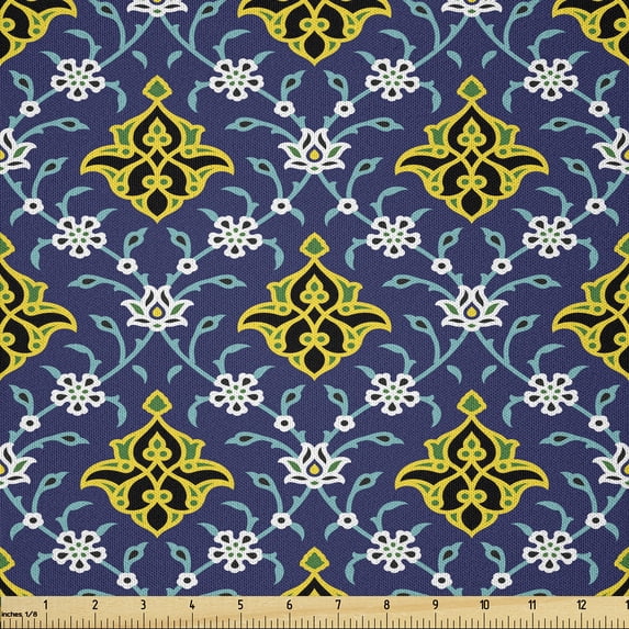 Ambesonne Antique Oriental Fabric by the Yard Microfiber, Folk Dark Motifs, 1 Yard, Yellow Deep Sky Blue