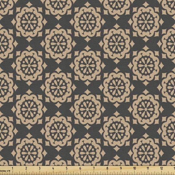 Ambesonne Antique Oriental Fabric by the Yard Upholstery, Brown Damask Art, 1 Yard, Tan and Dark Sepia