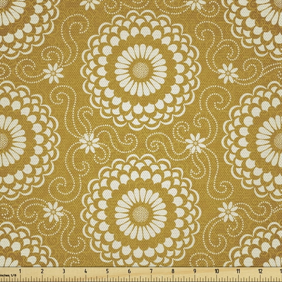 Ambesonne Antique Oriental Fabric by the Yard Upholstery, Curvy Flowers Art, 1 Yard, Pale Coffee Eggshell