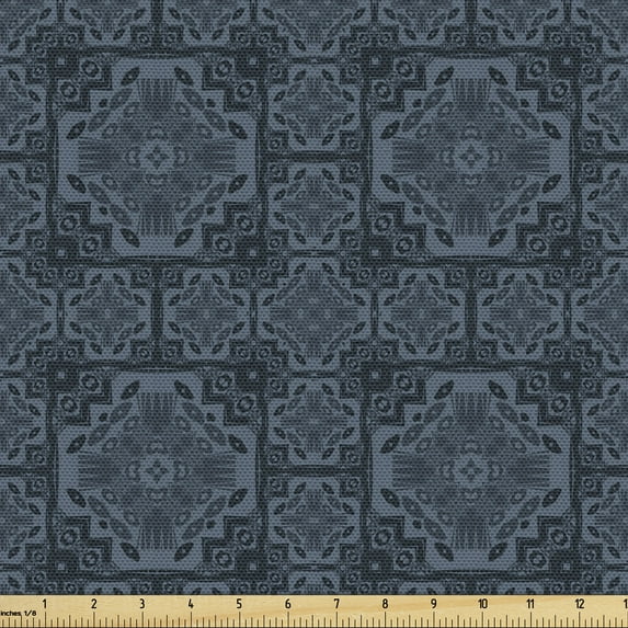 Ambesonne Antique Oriental Fabric by the Yard Upholstery, Dark Intricate, 1 Yard, Slate Blue Night Blue