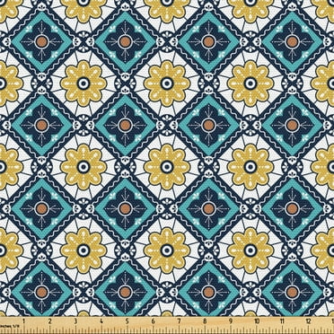 Ambesonne Antique Oriental Fabric by the Yard Upholstery, Mosaic Boho Flora, 2 Yards, Pale Coffee and Petrol Blue