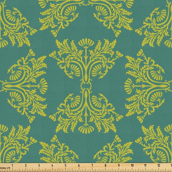 Ambesonne Antique Oriental Fabric by the Yard Upholstery, Retro Bohemian, 5 Yards, Teal Yellow Green