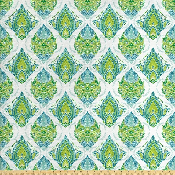 Ambesonne Antique Oriental Fabric by the Yard Upholstery, Thai Floral Art, 5 Yards, Seafoam Dark Turquoise
