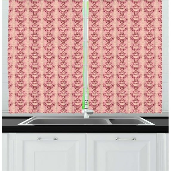 Ambesonne Antique Oriental Kitchen Curtains, Soft Rococo Damask, 55"x45", Pale Pink Burgundy Cream