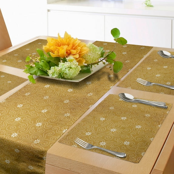 Ambesonne Antique Oriental Table Runner & Placemats, Daisy Floral Art, Placemat 4 pcs + Runner 14"x90", Pale Coffee White
