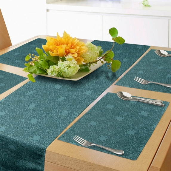 Ambesonne Antique Oriental Table Runner & Placemats, Grungy Monochrome, Placemat 4 pcs + Runner 14"x90", Cadet Blue and Dark Teal