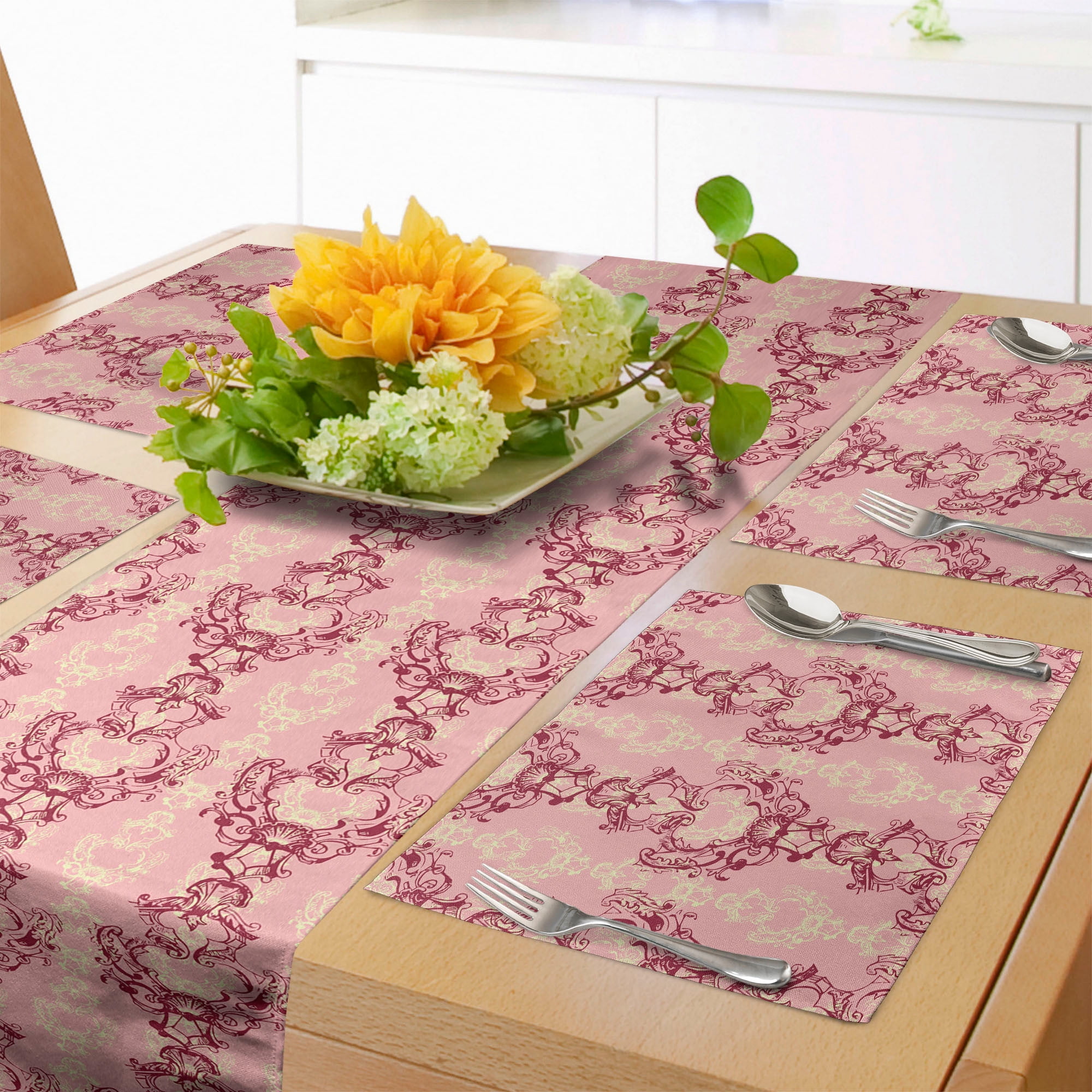 Ambesonne Antique Oriental Table Runner & Placemats, Soft Rococo Damask, Placemat 4 pcs + Runner