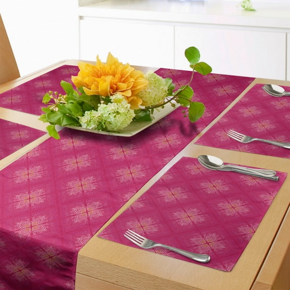 Ambesonne Antique Oriental Table Runner & Placemats, Warm Vivid Motif, Placemat 4 pcs + Runner 16"x72", Hot Pink and Magenta