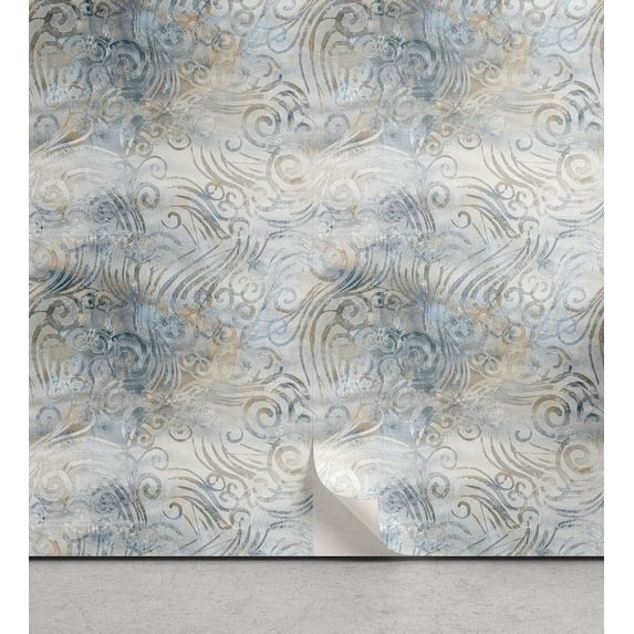 Ambesonne Antique Peel & Stick Wallpaper for Home, Nostalgic Swirls and Waves, 13"x100", Coconut and Pale Slate Blue