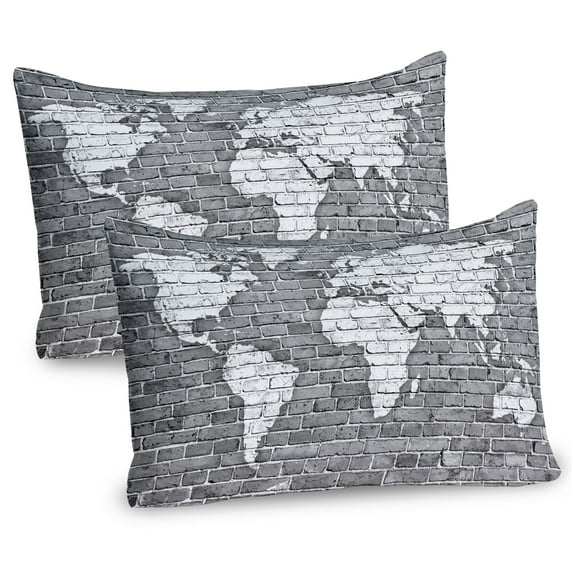 Ambesonne Antique Pillow Sham 2 Pack, World Map on Old Brick, 26"x20", Pale Grey White