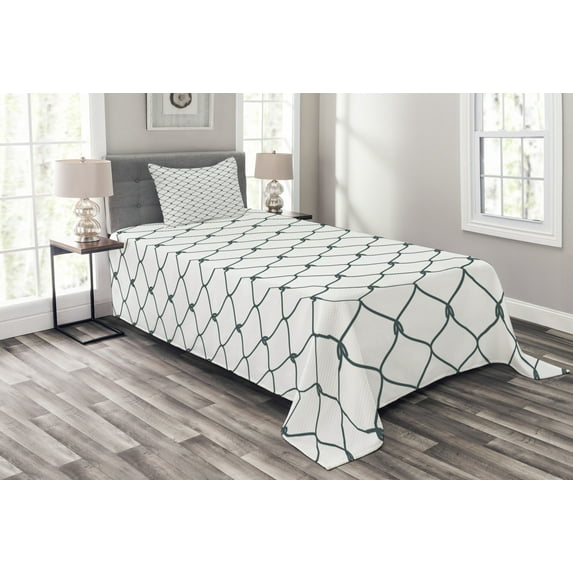 Ambesonne Antique Quilted Bedspread Set 2 Pcs, Curvy Wavy Shapes, Twin Size, Slate Blue and White