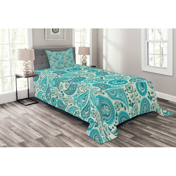 Ambesonne Antique Quilted Bedspread Set 2 Pcs, Paisley Blue Flowers, Twin Size, Aqua Teal
