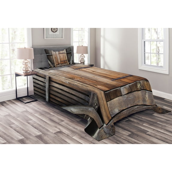 Ambesonne Antique Quilted Bedspread Set 2 Pcs, Rustic Rural Wood Door, Twin Size, Brown Orange
