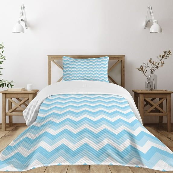 Ambesonne Antique Quilted Bedspread Set 2 Pcs, Sealife Aqua Zig Zag, Twin Size, Pale Blue Pale Blue