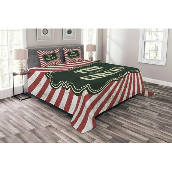 Ambesonne Antique Quilted Bedspread Set 3 Pcs, Advertisement Theme, Queen Size, Emerald Cream Ruby