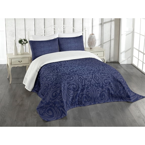 Ambesonne Antique Quilted Bedspread Set 3 Pcs, Blue Floral Old Design, Queen Size, Dark Blue