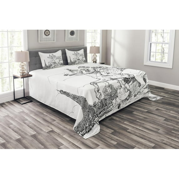 Ambesonne Antique Quilted Bedspread Set 3 Pcs, France, Queen Size, Black White