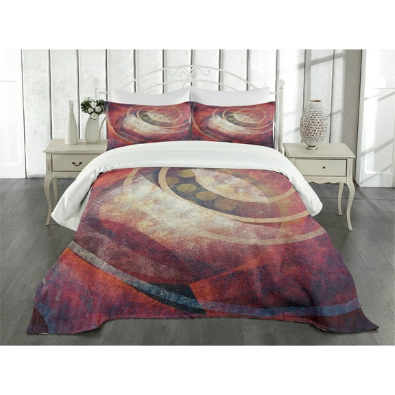Ambesonne Antique Quilted Bedspread Set 3 Pcs, Grunge Circles, King Size, Red Yellow