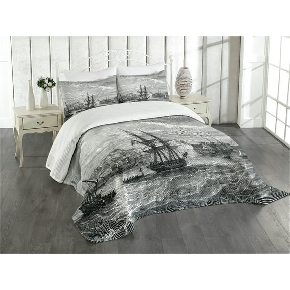 Ambesonne Antique Quilted Bedspread Set 3 Pcs, History of France Elba, Queen Size, Black Grey