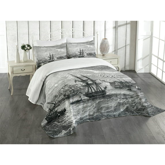 Ambesonne Antique Quilted Bedspread Set 3 Pcs, History of France Elba, Queen Size, Black Grey