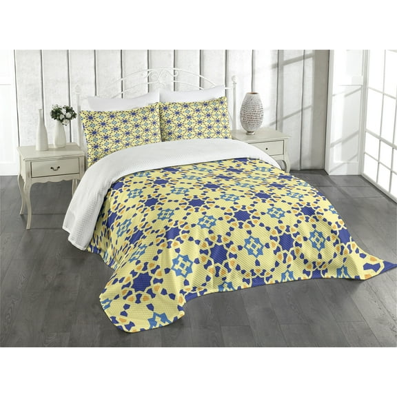 Ambesonne Antique Quilted Bedspread Set 3 Pcs, Moroccan Motif Folk, King Size, Violet Blue Yellow