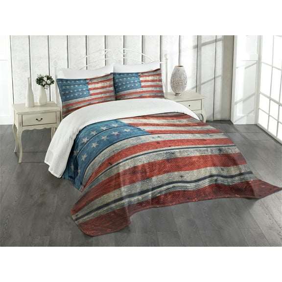 Ambesonne Antique Quilted Bedspread Set 3 Pcs, National July, Queen Size, Blue Red White
