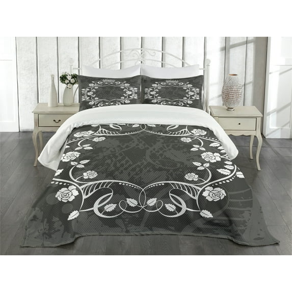 Ambesonne Antique Quilted Bedspread Set 3 Pcs, Royal Flora Crown, King Size, White and Charcoal Grey