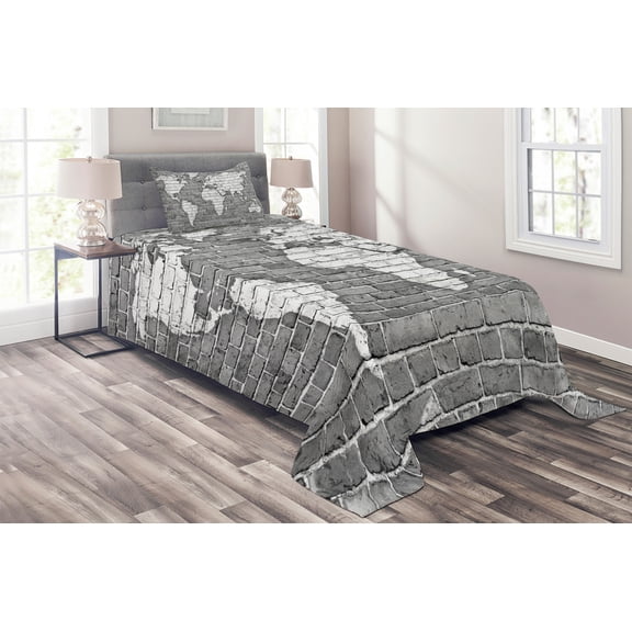 Ambesonne Antique Quilted Coverlet 2 Pcs, World Map on Old Brick, Twin Size, Pale Grey White