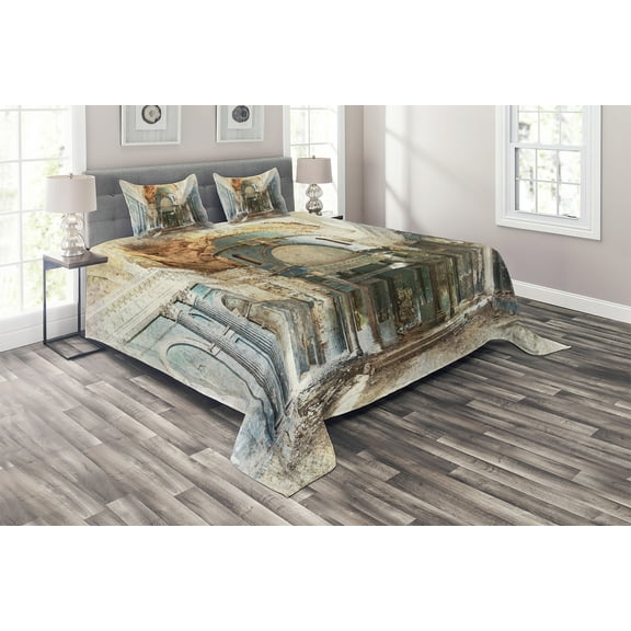 Ambesonne Antique Quilted Coverlet 3 Pcs, Old Vintage, King Size, Petrol Blue Marigold