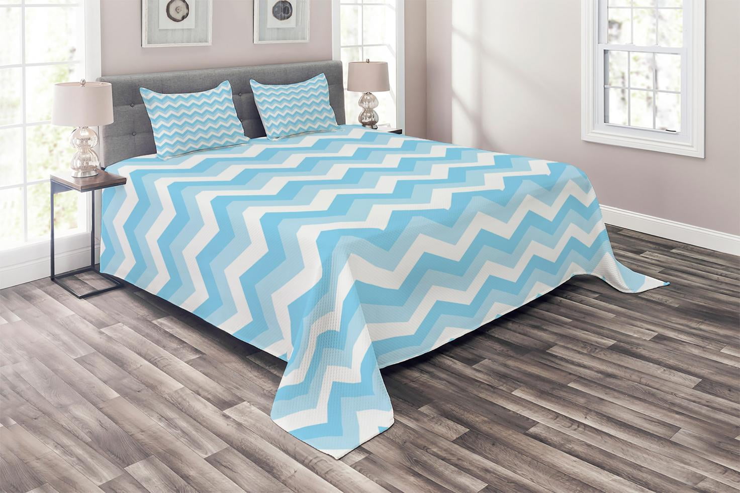 King Blue Quilted Chevron Bedspread Set with Pillow Shams