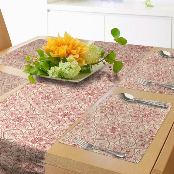 Ambesonne Antique Table Runner & Placemats, Curvy Flowers, Placemat 4 pcs + Runner 14"x90", Dark Coral Beige