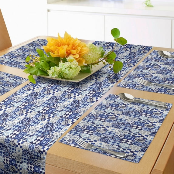 Ambesonne Antique Table Runner & Placemats, Traditional Vintage Mosaic, Placemat 4 pcs + Runner 14"x90", Blue Navy Blue White