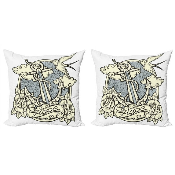 Ambesonne Antique Throw Pillow Cover 2 Pack, Anchor and Roses Clouds, 24", Eggshell Grey