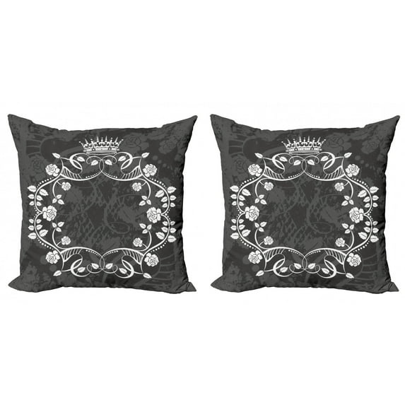 Ambesonne Antique Throw Pillow Cover 2 Pack, Royal Flora Crown, 18", White and Charcoal Grey