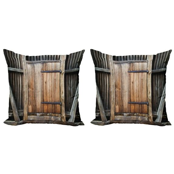 Ambesonne Antique Throw Pillow Cover 2 Pack, Rustic Rural Wood Door, 24", Brown Orange