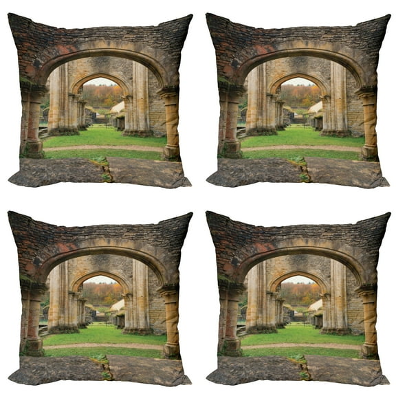 Ambesonne Antique Throw Pillow Cover 4 Pack, Autumn Ruins View, 24", Sand Brown and Green