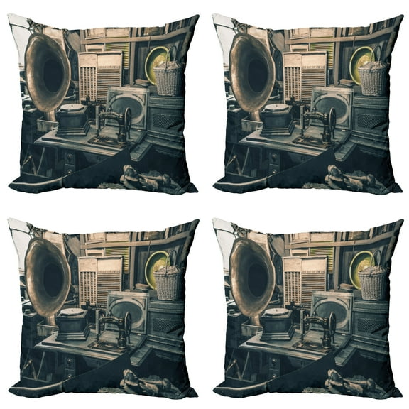 Ambesonne Antique Throw Pillow Cover 4 Pack, Old Store Gramophone, 18", Sepia