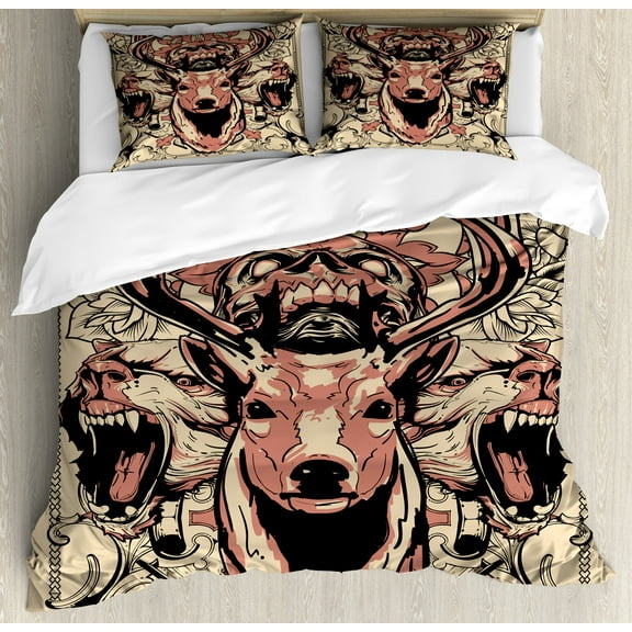 Ambesonne Antler Duvet Cover Sets, Floral Skull and Wolves, 2-Queen, Black Beige Pink